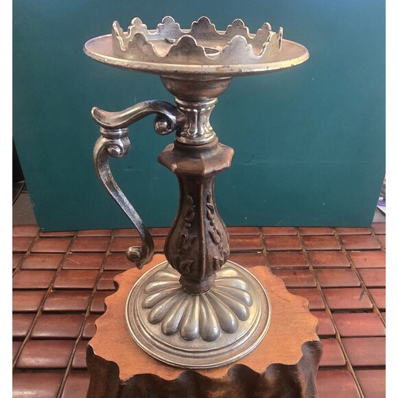 Vintage Mid Century Medieval Gothic Style Candle Holder Pewter & Faux Wood - Picture 1 of 5